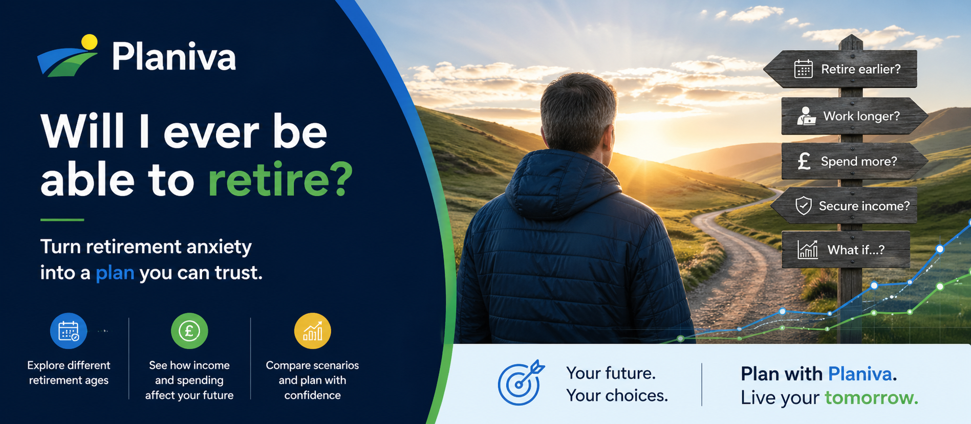 A person reviewing future retirement income, spending and pension scenarios on a planning screen.